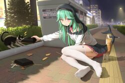 Rule 34 | 1girl, absurdres, aqua hair, beret, cat, choker, commentary request, food, hat, highres, himitsu (hi mi tsu 2), kaguyano, lamppost, long hair, manhole cover, night, no shoes, outdoors, panties, pleated skirt, purple hair, sitting, skirt, solo, tactile paving, thighhighs, underwear, white panties, white thighhighs