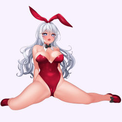 Rule 34 | 1girl, absurdres, animal ears, bare legs, bare shoulders, black bow, blue eyes, bow, bowtie, breasts, cameltoe, character request, cleft of venus, detached collar, dopamine70, elsword, eve (elsword), facial mark, fake animal ears, full body, hair between eyes, hairband, highres, large breasts, leotard, long hair, looking at viewer, playboy bunny, rabbit ears, rabbit girl, red footwear, red hairband, red leotard, simple background, sitting, solo, spread legs, strapless, strapless leotard, thighs, white background, white hair