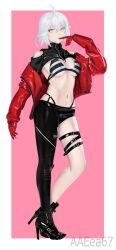 Rule 34 | 1girl, absurdres, ankle boots, black footwear, boots, fate/grand order, fate (series), gloves, high heel boots, high heels, highres, jacket, jeanne d&#039;arc alter (fate), latex, latex gloves, patent boots, patent heels, race queen, red jacket, white hair, yellow eyes