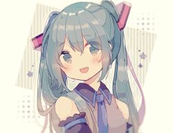 Rule 34 | 1girl, :d, bare shoulders, beige background, black sleeves, blue necktie, blush, collared shirt, commentary, detached sleeves, eyes visible through hair, green eyes, green hair, grey shirt, hair between eyes, hair ornament, hatsune miku, looking at viewer, mina (sio0616), necktie, open mouth, shirt, sleeveless, sleeveless shirt, smile, solo, star (symbol), striped, striped background, teeth, twintails, upper body, upper teeth only, vertical stripes, vocaloid