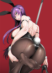 Rule 34 | 1girl, animal ears, aqua eyes, ass, black leotard, breasts, brown pantyhose, busujima saeko, detached collar, fake animal ears, feet, fei (maidoll), from behind, high heels, highres, highschool of the dead, large breasts, legs, leotard, lips, long hair, looking at viewer, looking back, nail polish, pantyhose, parted lips, playboy bunny, purple hair, rabbit ears, rabbit tail, shiny skin, shoes, unworn shoes, smile, solo, strapless, strapless leotard, tail, wrist cuffs