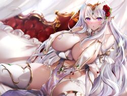 Rule 34 | 1girl, bare shoulders, blush, breast curtains, breasts, cleavage, covered erect nipples, elf, gold trim, large breasts, long hair, looking at viewer, open mouth, original, pointy ears, purple eyes, puru (ex-150), solo, thighhighs, thighs, very long hair, white hair, white thighhighs