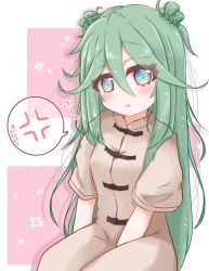 Rule 34 | 1girl, :t, anger vein, between legs, blue eyes, blush, braid, breasts, brown dress, closed mouth, commentary request, double bun, dress, green hair, hair between eyes, hair bun, hand between legs, highres, kantai collection, long hair, looking at viewer, pink background, pout, ridy (ri sui), short sleeves, sitting, small breasts, solo, spoken anger vein, translation request, two-tone background, very long hair, white background, yamakaze (kancolle)