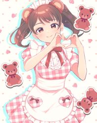 Rule 34 | 1girl, alternate costume, alternate hairstyle, animal ears, apron, bear ears, bow, bow apron, bowtie, breasts, brown eyes, brown hair, buttons, closed mouth, collar, cowboy shot, dot nose, dress, ear bow, fake animal ears, frilled apron, frilled collar, frilled headwear, frills, hands up, head tilt, headband, heart, heart background, heart hands, highres, idolmaster, idolmaster cinderella girls, lace, lace-trimmed collar, lace trim, light blush, looking at viewer, maid, maid apron, maid headdress, medium bangs, medium breasts, medium hair, mi mi218, nagatomi hasumi, pink dress, plaid, plaid dress, puffy short sleeves, puffy sleeves, red bow, red bowtie, short sleeves, sidelocks, smile, solo, standing, straight-on, straight hair, stuffed animal, stuffed toy, swept bangs, teddy bear, toy, twintails, white apron, white background, white headdress