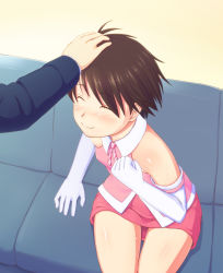 Rule 34 | 1girl, antenna hair, bare shoulders, brown hair, closed eyes, couch, cute &amp; girly (idolmaster), elbow gloves, from above, gloves, hand on another&#039;s head, idolmaster, idolmaster (classic), kikuchi makoto, kodaman, short hair, sitting, skirt, smile, solo focus