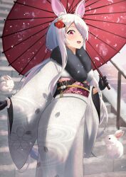 Rule 34 | 1girl, absurdres, animal, animal ears, blush, chinese zodiac, day, flower, fur collar, furisode, hair flower, hair ornament, hair over one eye, highres, holding, holding umbrella, japanese clothes, kimono, long hair, looking at viewer, new year, obi, oil-paper umbrella, open mouth, original, outdoors, pink eyes, potemaka, rabbit, rabbit ears, rabbit girl, railing, sash, smile, solo, stairs, umbrella, very long hair, white hair, year of the rabbit