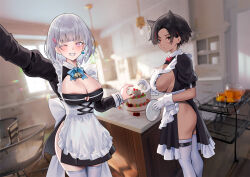 Rule 34 | 2girls, albino, animal ears, apron, black dress, black hair, blue bow, blue bowtie, blush, borrowed character, bow, bowtie, breasts, cat ears, cirilla lin, cleavage, colored eyelashes, dark-skinned female, dark skin, dress, frilled apron, frills, from side, highres, indoors, juliet sleeves, large breasts, long sleeves, maid, maid apron, micchan (ohisashiburi), multiple girls, nacchan (ohisashiburi), no bra, one eye closed, original, outstretched arm, puffy short sleeves, puffy sleeves, purple eyes, red eyes, short hair, short sleeves, sideboob, sideless dress, smile, thighhighs, white apron, white hair, white thighhighs