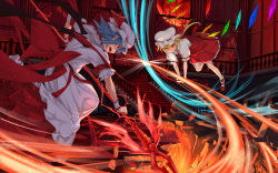 Rule 34 | 2girls, asutora, battle, blonde hair, blue hair, debris, dress, flandre scarlet, full moon, hat, hat ribbon, highres, holding, holding weapon, indoors, laevatein, mob cap, moon, multiple girls, open mouth, pointy ears, puffy short sleeves, puffy sleeves, red carpet, red eyes, red footwear, red moon, red ribbon, red skirt, remilia scarlet, ribbon, shoes, short sleeves, siblings, sisters, skirt, skirt set, spear the gungnir, stairs, touhou, weapon, white dress, window, wrist cuffs