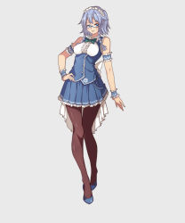 Rule 34 | 1girl, alternate costume, bare shoulders, bespectacled, blue eyes, blue hair, bow, bowtie, braid, frills, full body, glasses, hand on own hip, highres, izayoi sakuya, looking at viewer, maid headdress, matching hair/eyes, pantyhose, shoes, short hair, simple background, skirt, smile, solo, touhou, twin braids, wengcang hefeng, wrist cuffs