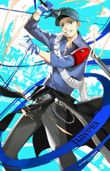 1boy armband baseball_cap belt_chain black_hair black_jacket black_pants blue_hat blue_shirt character_name clothes_around_waist collared_shirt commentary english_commentary facial_hair feet_out_of_frame fighting_stance gloves grin hat highres holding holding_sword holding_weapon iori_junpei jacket jacket_around_waist jewelry looking_at_viewer male_focus necklace nikusenpai pants persona persona_3 persona_3_reload red_armband s.e.e.s shirt short_hair smile solo sword weapon