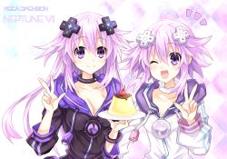 Rule 34 | 10s, 2girls, adult neptune, bad id, bad pixiv id, blush, breasts, cleavage, copyright name, d-pad, female focus, food, hair ornament, hinano, jacket, large breasts, long hair, looking at viewer, multiple girls, neptune (neptunia), neptune (series), aged up, one eye closed, open mouth, plate, pudding, purple eyes, purple hair, shin jigen game neptune vii, short hair, small breasts, smile