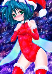 1girl alternate_costume antennae blush cameltoe collarbone female_focus green_eyes green_hair halterneck hat leotard madara_inosuke matching_hair/eyes open_mouth red_leotard red_thighhighs ringed_eyes santa_costume santa_hat short_hair snowflakes solo thighhighs touhou wings wriggle_nightbug