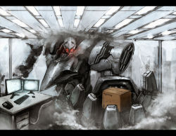 Rule 34 | amazon (company), armored core, box, cardboard box, computer, foreshortening, from software, keyboard (computer), letterboxed, mecha, mecha focus, no humans, office, original, ra (pixiv120326), robot