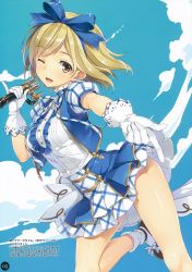 Rule 34 | 1girl, ;d, absurdres, alternate costume, blonde hair, blue sky, blush, bow, breasts, buttons, chinese text, cloud, cloudy sky, day, djeeta (granblue fantasy), dress, frills, gloves, granblue fantasy, hair bow, hairband, highres, holding, holding microphone, kimi to boku no mirai, layered skirt, leg up, looking at viewer, medium breasts, microphone, miniskirt, one eye closed, open mouth, outdoors, page number, puffy short sleeves, puffy sleeves, ribbon, scan, shiny skin, shoes, short dress, short hair, short sleeves, simple background, skirt, sky, smile, socks, solo, thighs, white gloves, white socks, yellow eyes, yuuki hagure