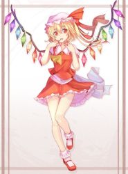 Rule 34 | 1girl, ascot, blonde hair, blood, blood from mouth, blood on hands, bobby socks, crystal, flandre scarlet, full body, hat, hat ribbon, looking at viewer, mary janes, mob cap, nakaichi (ridil), parted lips, puffy short sleeves, puffy sleeves, red eyes, red footwear, red ribbon, red skirt, ribbon, sash, shoes, short sleeves, side ponytail, skirt, skirt set, socks, solo, touhou, white socks, wings
