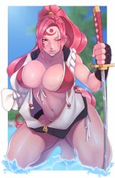 Rule 34 | 1girl, amputee, arc system works, baiken, barefoot, bikini, border, breasts, facial tattoo, front-tie bikini top, front-tie top, full body, guilty gear, highres, holding, holding sword, holding weapon, hood, hood down, hoodie, its just suppi, katana, large breasts, long hair, navel, ocean, one-eyed, open clothes, open hoodie, outside border, pink hair, planted, planted sword, planted weapon, ponytail, red bikini, red eyes, reverse grip, scar, scar across eye, scar on face, signature, sleeves rolled up, solo, swimsuit, sword, tattoo, thick thighs, thighs, toes, unzipped, water, weapon, wet, white border, zipper pull tab
