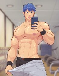 Rule 34 | 1boy, abs, absurdres, bara, blue eyes, blue hair, blue male underwear, come hither, fire emblem, fire emblem: path of radiance, grey pants, gym, headband, heavy breathing, highres, holding, holding phone, ike (fire emblem), indoors, jon (jonigiri), large pectorals, male focus, male underwear, male underwear peek, muscular, muscular male, nintendo, nipples, pants, pectorals, phone, pulling own clothes, selfie, short hair, solo, stomach, sweat, textless version, tongue, tongue out, topless male, track pants, underwear, undressing