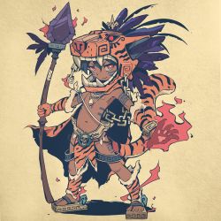 Rule 34 | 1boy, 2022, absurdres, animal hands, animal print, armor, aztec, child, chinese zodiac, commentary, dark-skinned male, dark skin, english commentary, gloves, highres, holding, holding weapon, ink, loincloth, looking at viewer, male focus, midriff, moonshen timojim, original, paw gloves, pelvic curtain, polearm, procreate (medium), short hair, smile, soldier, solo, spear, tail, tiger boy, tiger print, tiger stripes, tiger tail, warrior, weapon, year of the tiger