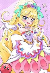Rule 34 | 1girl, aqua bow, aron, blonde hair, blue eyes, blush, bow, bridal veil, cure finale, cure finale (party up style), delicious party precure, dress, elbow gloves, gen 3 pokemon, gloves, head wreath, highres, kasai amane, long hair, magical girl, open mouth, pokemon, pre221b, precure, solo, veil, white gloves
