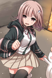 Rule 34 | 1girl, backpack, bag, black jacket, black thighhighs, bow, breasts, brown skirt, collared shirt, commentary request, danganronpa (series), danganronpa 2: goodbye despair, dress shirt, ear bow, fleeing, flipped hair, hair ornament, highres, hood, hood down, hooded jacket, hoodie, jacket, light brown hair, long sleeves, looking at viewer, medium breasts, medium hair, monomi (danganronpa), nanami chiaki, nico (nico alice), open clothes, open jacket, open mouth, out of frame, pleated skirt, shirt, shirt tucked in, skirt, solo focus, spoilers, thighhighs, zettai ryouiki