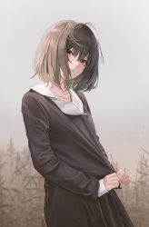 Rule 34 | 1girl, black shirt, black skirt, brown eyes, brown hair, collarbone, commentary request, copyright request, grey background, highres, long sleeves, looking at viewer, parted lips, pray (furei), shirt, short hair, skirt, solo