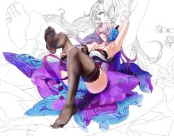 Rule 34 | 1girl, absurdres, blue eyes, feet, hair over one eye, highres, licking lips, light purple hair, long hair, looking at viewer, see-through, see-through legwear, soles, toes, tongue, tongue out