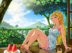 Rule 34 | 1girl, arm support, barefoot, blonde hair, blue eyes, day, dress, drink, feet, feet together, food, fruit, glass, grass, hairband, legs, long hair, original, satou oden, sitting, sky, solo, toes, tree, watermelon