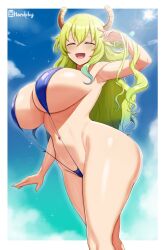 Rule 34 | 1girl, ass, bare shoulders, blonde hair, blue one-piece swimsuit, blue sky, blush, breasts, cleavage, closed eyes, curvy, day, dragon horns, fingernails, gradient hair, green hair, handplug, highres, horns, huge ass, huge breasts, kobayashi-san chi no maidragon, long hair, lucoa (maidragon), multicolored hair, navel, one-piece swimsuit, open mouth, shiny skin, sideboob, sky, slingshot swimsuit, smile, solo, swimsuit, thighs, thong, very long hair, wide hips