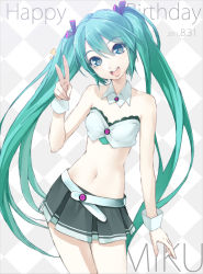 Rule 34 | 1girl, :d, bad id, bad pixiv id, bare shoulders, belt, checkered background, collar, green eyes, green hair, happy birthday, hatsune miku, head tilt, highres, long hair, matching hair/eyes, midriff, miniskirt, navel, open mouth, skirt, smile, solo, twintails, v, very long hair, vocaloid, wrist cuffs, yahako