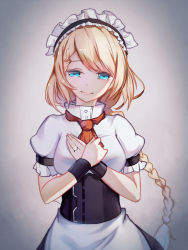 Rule 34 | 1girl, blonde hair, blouse, blue eyes, braid, braided bangs, corset, cowboy shot, g36 (girls&#039; frontline), girls&#039; frontline, grey background, jewelry, long hair, looking at viewer, maid headdress, necktie, pantie painting, red necktie, ring, shirt, smile, solo, tears, white shirt