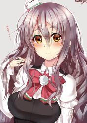 Rule 34 | 1girl, blush, bow, bowtie, breasts, brown eyes, closed mouth, collared shirt, corset, grey hair, hair between eyes, hand in own hair, hat, highres, kantai collection, large breasts, long hair, long sleeves, looking at viewer, mini hat, pola (kancolle), sazamiso rx, shirt, sidelocks, signature, simple background, smile, solo, thick eyebrows, wavy hair, white shirt