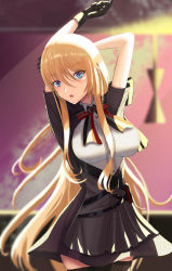 Rule 34 | 1girl, 3kneko, arms behind head, azur lane, bismarck (azur lane), bismarck (iron black elysium) (azur lane), black dress, black gloves, blonde hair, blue eyes, blurry, blurry background, blush, breasts, dress, feet out of frame, gloves, large breasts, long hair, looking at viewer, medium breasts, official alternate costume, open mouth, parted lips, short sleeves, solo, standing