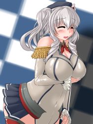 Rule 34 | 1girl, ^ ^, bare shoulders, beret, black hat, blush, breasts, buttons, closed eyes, covered navel, curvy, elbow gloves, epaulettes, frilled sleeves, frills, gloves, hat, jini ya1, kantai collection, kashima (kancolle), large breasts, military, military uniform, open mouth, plump, remodel (kantai collection), sidelocks, silver hair, smile, solo, taimanin (series), taimanin suit, thighhighs, twintails, uniform, wavy hair