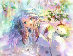 Rule 34 | 1girl, 888myrrh888, bird, blue hair, blurry, blurry background, coat, cowboy shot, dappled sunlight, gradient hair, green eyes, green hair, hands on own cheeks, hands on own face, head tilt, jewelry, leaning forward, long hair, looking at viewer, mistletoe, multicolored hair, necklace, open mouth, original, penguin, plant, purple hair, smile, snow rabbit, snowflake print, snowing, solo, sunlight, sweater, tree, twitter username, wavy hair, winter clothes