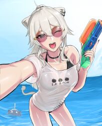 Rule 34 | 1girl, ahoge, animal ear piercing, animal ears, anstatic, black choker, black nails, breasts, choker, cleavage, commentary, commentary request, ear piercing, grey eyes, grey hair, hair between eyes, highres, holding, holding water gun, hololive, large breasts, lion ears, lion girl, lion tail, long hair, looking at viewer, official alternate costume, official alternate hairstyle, one eye closed, open mouth, piercing, shirt, shishiro botan, shishiro botan (casual), single bare shoulder, smile, solo, ssrb (shishiro botan), sunglasses, swimsuit, swimsuit under clothes, t-shirt, tail, virtual youtuber, water gun, wet, wet clothes, white shirt
