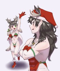 Rule 34 | 2022, 2girls, abs, alternate costume, animal ears, antlers, arm up, armband, armpit crease, armpits, bare shoulders, black hair, blush, boots, breasts, broad shoulders, brown eyes, brown hair, burikarun, christmas, collarbone, covered navel, crossed arms, extra ears, female focus, full body, gloves, gradient background, green armband, green eyes, hairband, hat, heterochromia, highres, horns, kemono friends, legs, long hair, medium breasts, medium hair, midriff, moose (kemono friends), moose ears, moose girl, moose horns, multiple girls, muscular, muscular female, navel, open clothes, open mouth, red eyes, reindeer (kemono friends), reindeer antlers, reindeer girl, sack, santa hat, simple background, smile, standing, swimsuit, tail, thighs, toned, twintails, upper body