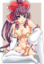 Rule 34 | 1girl, abs, aqua eyes, bitaraga, bottomless, bow, breasts, brown hair, censored, cleavage, convenient censoring, covering privates, covering crotch, detached sleeves, female focus, hair bow, hair ribbon, hakurei reimu, large breasts, leg up, legs, lips, long hair, ofuda, open mouth, ribbon, shiny clothes, shiny skin, sitting, solo, spread legs, thighhighs, thighs, touhou, white thighhighs