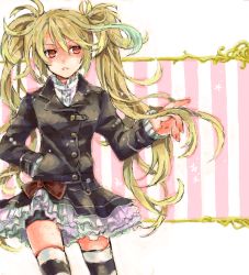 Rule 34 | 1girl, alternate costume, alternate hairstyle, aqua hair, bike shorts, black thighhighs, blazer, blonde hair, gradient hair, image sample, jacket, long hair, md5 mismatch, milla maxwell, multicolored hair, nagino hiiragi, pixiv sample, red eyes, skirt, solo, striped clothes, striped thighhighs, tales of (series), tales of xillia, thighhighs, twintails, white thighhighs