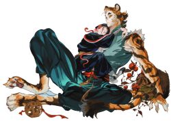 Rule 34 | 2boys, animal ears, animal feet, arm wrap, atie1225, baggy pants, barefoot, body fur, brown eyes, brown hair, chinese clothes, chinese zodiac, claws, clinging, closed eyes, closed mouth, colored sclera, colored skin, commentary, food, fruit, full body, highres, hug, knee up, looking to the side, male focus, monster boy, multicolored hair, multiple boys, open clothes, orange fur, orange hair, orange skin, original, pants, plant, simple background, sitting, size difference, sleeveless, smile, solo, streaked hair, symbol-only commentary, tail, thick eyebrows, tiger boy, tiger ears, tiger tail, white background, yellow sclera