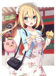 Rule 34 | 1girl, :d, anzu (sumisaki yuzuna), architecture, bad id, bad pixiv id, bag, blonde hair, blue jacket, blurry, blurry background, blush, bow, breasts, bun cover, collarbone, cowboy shot, day, double bun, dress, east asian architecture, floral print, food, giving, green eyes, hair bun, hair ribbon, holding, holding food, holding spoon, ice cream, ice cream cone, jacket, long hair, looking at viewer, medium breasts, open mouth, original, outdoors, outside border, pig, red ribbon, ribbon, short sleeves, shoulder bag, smile, solo, spoon, sumisaki yuzuna, twintails