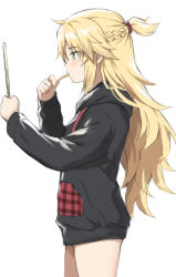 Rule 34 | 1girl, black sweater, blonde hair, braid, breasts, fate/apocrypha, fate (series), female focus, french braid, from side, green eyes, half updo, highres, long hair, mordred (fate), mordred (fate/apocrypha), parted bangs, profile, sidelocks, simple background, small breasts, solo, sweater, tonee, upper body, white background
