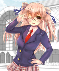 Rule 34 | 1girl, alternate costume, bespectacled, blazer, blue jacket, blurry, brown eyes, building, commentary request, cowboy shot, depth of field, glasses, grey skirt, hand on own hip, jacket, johnston (kancolle), kantai collection, light brown hair, long hair, looking at viewer, necktie, plaid, plaid skirt, pleated skirt, red necktie, school uniform, skirt, solo, two side up, v over eye, ynos