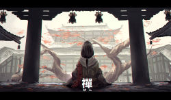Rule 34 | 1girl, absurdres, architecture, black hair, building, commentary, divine child of rejuvenation, east asian architecture, facing away, from behind, highres, japanese clothes, kimono, leaf, letterboxed, long hair, long sleeves, outdoors, pillar, ponytail, qi==qi, scenery, sekiro: shadows die twice, sitting, solo, translation request, tree
