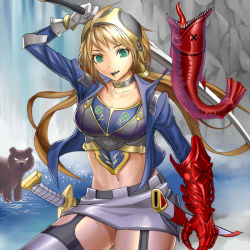Rule 34 | 1girl, arm up, armor, bad id, bad pixiv id, blonde hair, breastplate, breasts, choker, fish, garter straps, gauntlets, green eyes, legs, long hair, midriff, miniskirt, navel, open mouth, original, shijima (tanfn), skirt, smile, solo, sword, teeth, thighhighs, thighs, twintails, water, waterfall, weapon, white thighhighs, zettai ryouiki