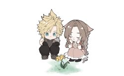 Rule 34 | 1boy, 1girl, aerith gainsborough, armor, baggy pants, bangle, black gloves, black pants, blonde hair, blue eyes, blush, boots, bracelet, braid, braided ponytail, brown hair, chibi, choker, closed eyes, cloud strife, dress, earrings, final fantasy, final fantasy vii, final fantasy vii rebirth, final fantasy vii remake, flower, flower choker, gloves, grass, grey shirt, hair ribbon, hands on own face, highres, jacket, jewelry, lily (flower), long dress, long hair, pants, parted bangs, pink dress, pink ribbon, red jacket, ribbon, shirt, short hair, short sleeves, shoulder armor, sidelocks, single bare shoulder, single braid, single earring, single shoulder pad, sleeveless, sleeveless turtleneck, smile, souse me, spiked hair, squatting, suspenders, turtleneck, white background, yellow flower