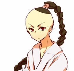 Rule 34 | 1boy, bald, biseibutu, black hair, braid, expressionless, japanese clothes, looking at viewer, lowres, mother (game), mother 2, nintendo, poo (mother 2), red eyes, shirt, white shirt