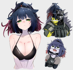 Rule 34 | 1girl, absurdres, animal ears, arknights, armor, bikini, black bikini, blue hair, blush, bocchi the rock!, breasts, cat ears, cat girl, cleavage, commentary, cropped torso, drooling, gas mask, gradient hair, green eyes, grey background, harusame mgmg3, highres, jessica (arknights), jessica (ash) (arknights), jessica (iron block) (arknights), large breasts, looking at viewer, mask, multicolored hair, ponytail, pout, red hair, short ponytail, simple background, solo, swimsuit