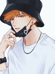 Rule 34 | 1boy, alternate costume, aokawa yoru, black headwear, blue lock, closed mouth, commentary request, ear piercing, earrings, heart, highres, jewelry, kunigami rensuke, long sleeves, looking at viewer, male focus, mask, mouth mask, necklace, orange eyes, orange hair, piercing, ring, shirt, short hair, simple background, solo, upper body, watch, white background, white shirt, wristwatch