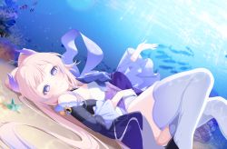 Rule 34 | 1girl, absurdres, blue eyes, blush, bow, bowtie, fish, frilled sleeves, frills, full body, genshin impact, half-closed eyes, highres, ia (ias1010), light rays, long sleeves, looking at viewer, lying, ocean, on back, pink hair, sangonomiya kokomi, smile, solo, starfish, thighhighs, white thighhighs, wide sleeves
