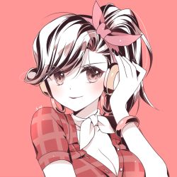 Rule 34 | 1girl, artist name, bangle, blush, bracelet, breasts, brown eyes, brown hair, cleavage, closed mouth, collarbone, cruiser d.va, d.va (overwatch), earrings, eyelashes, flat color, front-tie top, hand on headphones, head scarf, headphones, hoop earrings, jewelry, kaoruru (sakuno2911), long hair, looking at viewer, medium breasts, monochrome, neck ribbon, no bra, official alternate costume, overwatch, overwatch 1, plaid, plaid shirt, ponytail, red background, red shirt, red theme, ribbon, shirt, short sleeves, signature, simple background, smile, solo, swept bangs, unbuttoned, unbuttoned shirt, upper body, white ribbon